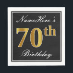 Elegant, Faux Gold 70th Birthday   Eigen naam Servetten<br><div class="desc">Dit eenvoudige en elegante papieren servetontwerp bevat een bericht als "Namehere's 70th Birthday" (met de "70th" met een faux goudachtige kleur) binnen een zwart-gekleurd vierkant gebied met een eenvoudige omtrek aan de rand. De naam is in een wit-gekleurde manuscript-als tekst, en kan worden aangepast. Dit soort luiers kunnen misschien op...</div>