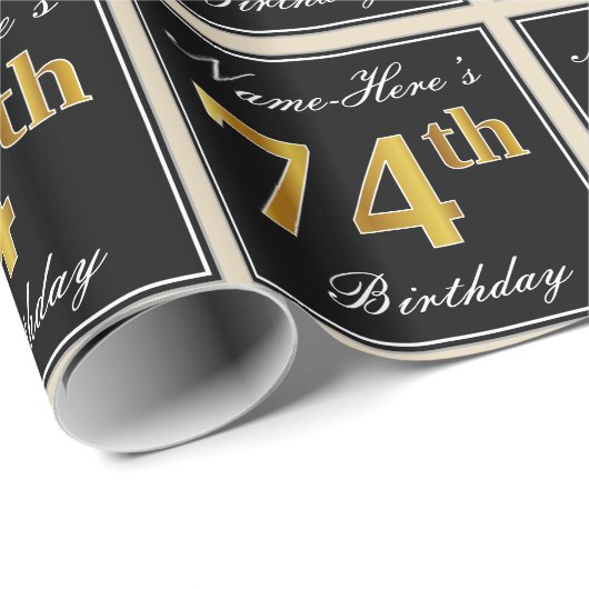 Elegant, Faux Gold 74th Birthday + Eigen naam Cadeaupapier (Rol Hoek)