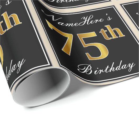 Elegant, Faux Gold 75th Birthday + Eigen naam Cadeaupapier (Rol Hoek)