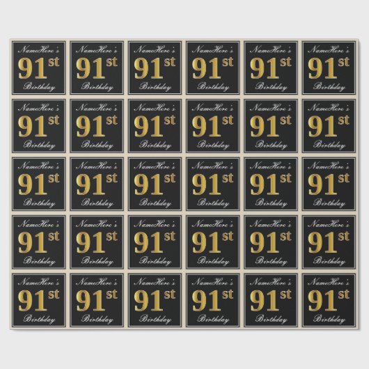 Elegant, Faux Gold 91st Birthday + Eigen naam Cadeaupapier (Vlak)