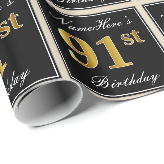 Elegant, Faux Gold 91st Birthday + Eigen naam Cadeaupapier (Rol Hoek)