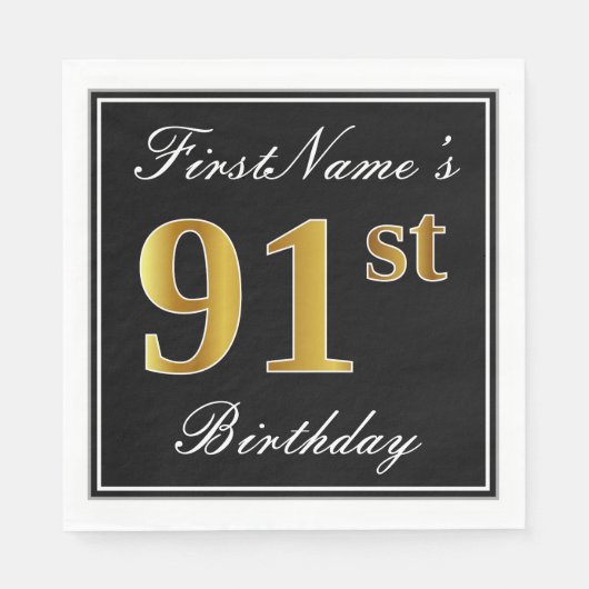 Elegant, Faux Gold 91st Birthday + Eigen naam Servet (Voorkant)
