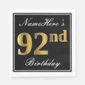 Elegant, Faux Gold 92nd Birthday + Eigen naam Servet (Voorkant)