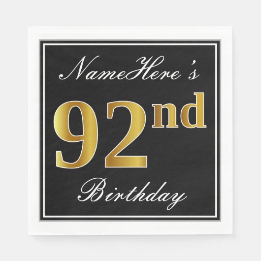 Elegant, Faux Gold 92nd Birthday + Eigen naam Servet (Voorkant)