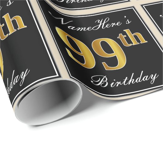 Elegant, Faux Gold 99th Birthday + Eigen naam Cadeaupapier (Rol Hoek)