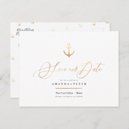 Elegant Faux Gold Anchor, Nautisch Save the Date Briefkaart (Voorkant / Achterkant)