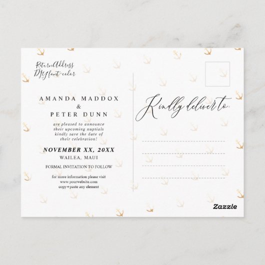 Elegant Faux Gold Anchor, Nautisch Save the Date Briefkaart (Achterkant)