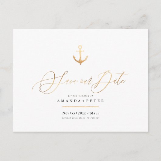 Elegant Faux Gold Anchor, Nautisch Save the Date Briefkaart (Voorkant)