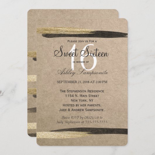 Elegant Faux Gold & Black Paint Strokes Kaart (Voorkant / Achterkant)