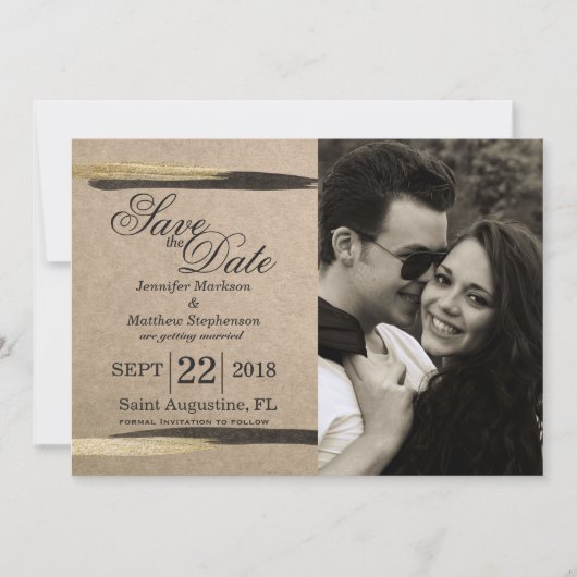 Elegant Faux Gold & Black Paint Strokes Save The Date (Voorkant)