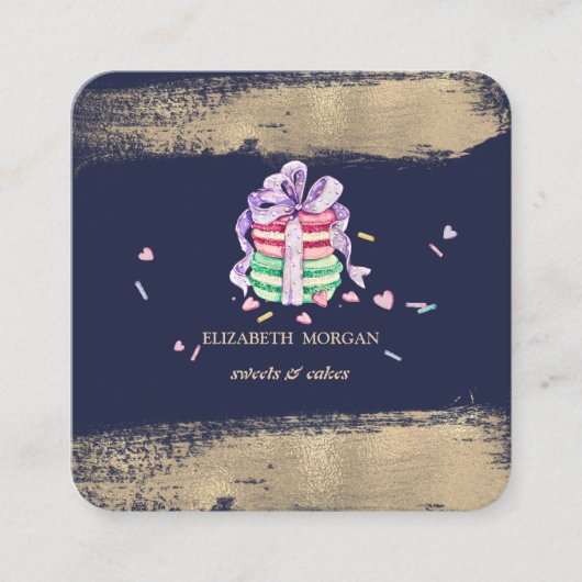 Elegant Faux Gold Brush Stroke Macarons Vierkante Visitekaartje (Voorkant)
