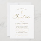 Elegant Faux Gold Calligraphy en Cross | Baptisme Kaart (Voorkant)