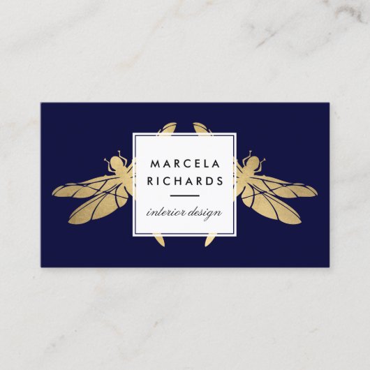 Elegant Faux Gold Dragonfly Duo op Dark Navy Visitekaartje (Voorkant)