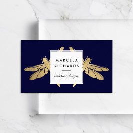 Elegant Faux Gold Dragonfly Duo op Dark Navy Visitekaartje