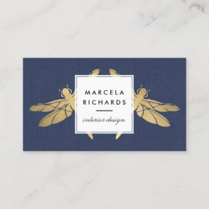 Elegant Faux Gold Dragonfly Duo op Marine Linnen Visitekaartje
