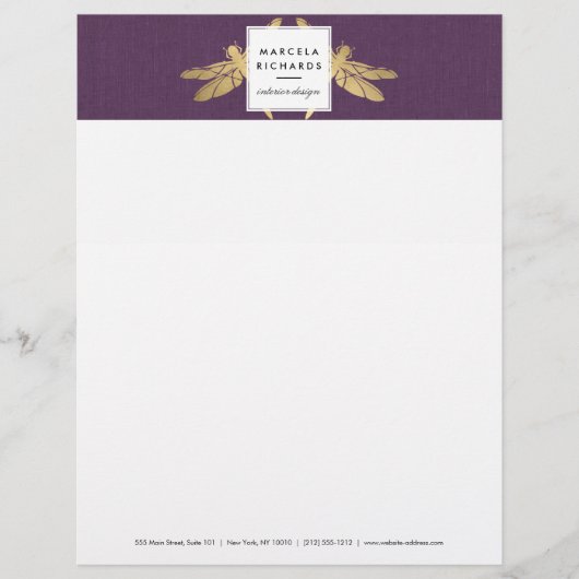 Elegant Faux Gold Dragonfly Duo op Paarse Linen Gepersonaliseerd Briefhoofd (Voorkant)