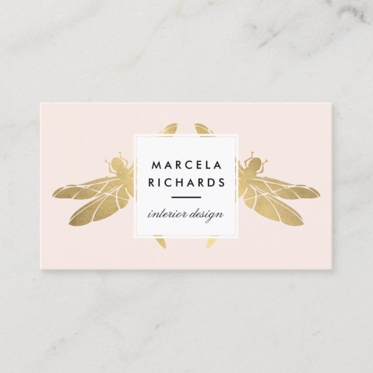 Elegant Faux Gold Dragonfly Duo op Roze Visitekaartje (Voorkant)