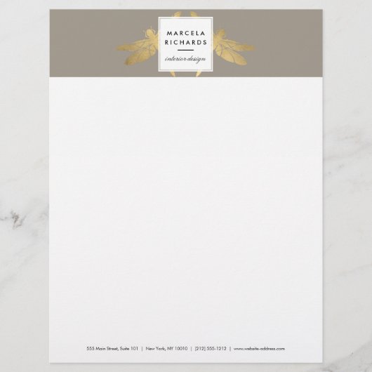Elegant Faux Gold Dragonfly Duo op Taupe Persoonlijk Briefhoofd (Voorkant)