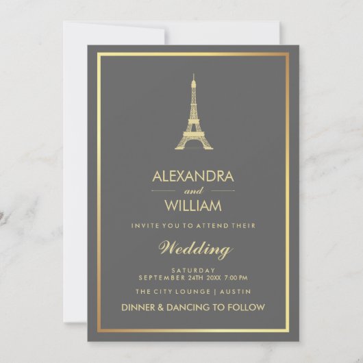 Elegant Faux Gold Eiffel Tower on Gray Weddenschap Kaart (Voorkant)