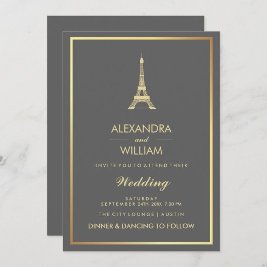 Elegant Faux Gold Eiffel Tower on Gray Weddenschap Kaart (Voorkant / Achterkant)