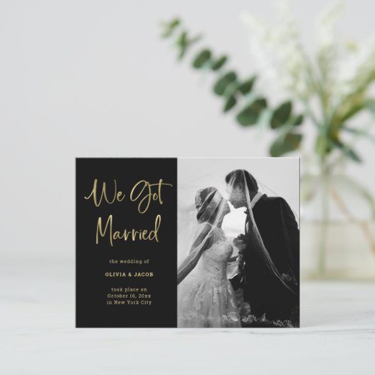 Elegant Faux Gold en Black | Fotobruiloft Aankondigingskaart (Staand voorkant)