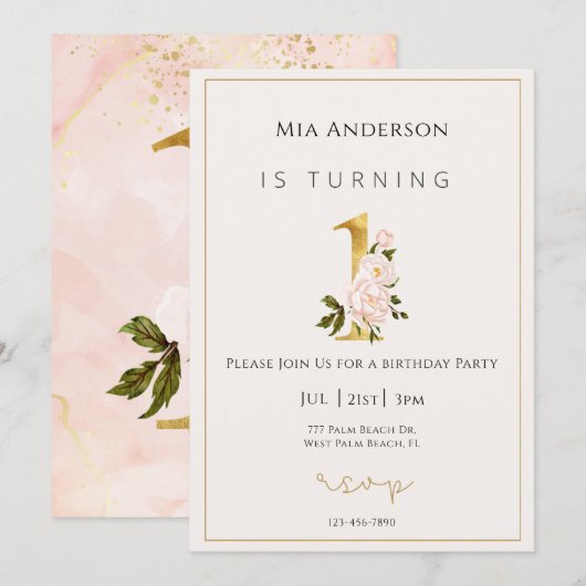 Elegant Faux Gold Floral Minimal 1st Birthday Kaart (Voorkant / Achterkant)