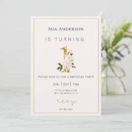Elegant Faux Gold Floral Minimal 1st Birthday Kaart