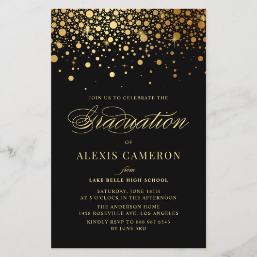 Elegant Faux Gold Foil Black Afstuderen Invite (Voorkant)