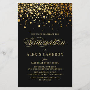 Elegant Faux Gold Foil Black Afstuderen Invite