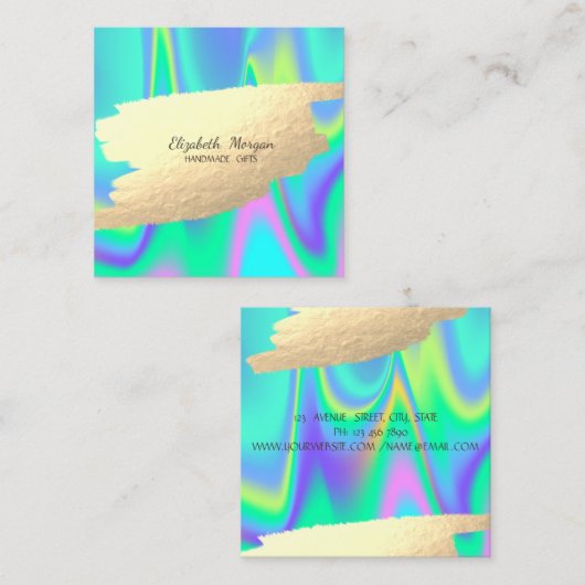 Elegant Faux Gold Foil Brush Stroke Holographic Vierkante Visitekaartje (Voorkant / Achterkant)