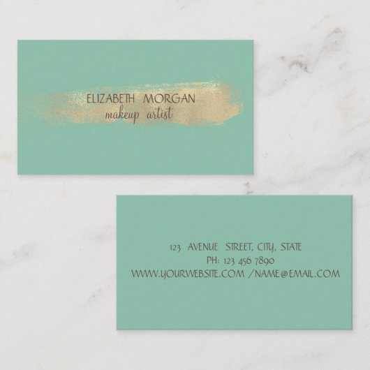 Elegant Faux Gold Foil Brush Stroke, Mint Green Visitekaartje (Voorkant / Achterkant)