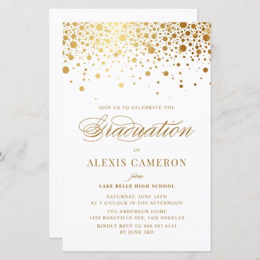 Elegant Faux Gold Foil Confetti Afstuderen Invite (Voorkant / Achterkant)