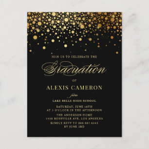 Elegant Faux Gold Foil Confetti Black Afstuderen Uitnodiging Briefkaart