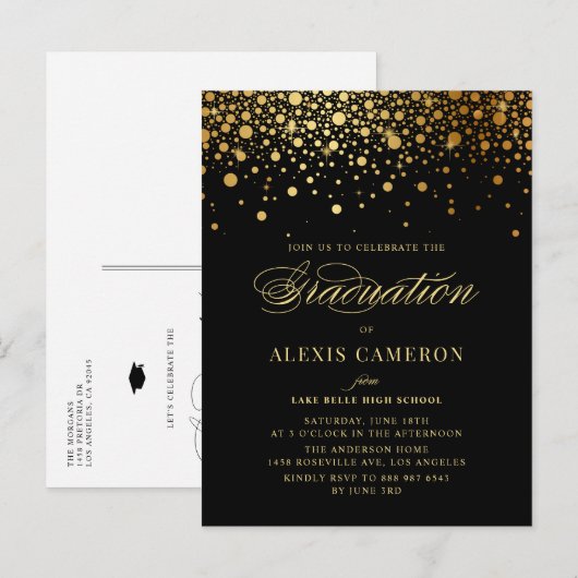 Elegant Faux Gold Foil Confetti Black Afstuderen Uitnodiging Briefkaart (Voorkant / Achterkant)