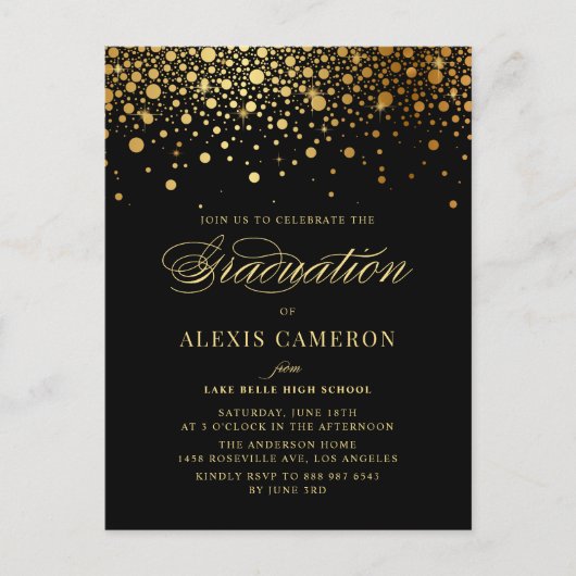 Elegant Faux Gold Foil Confetti Black Afstuderen Uitnodiging Briefkaart (Voorkant)