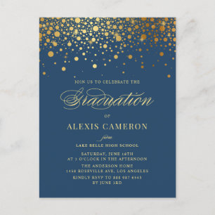 Elegant Faux Gold Foil Confetti Blauw Afstuderen Uitnodiging Briefkaart