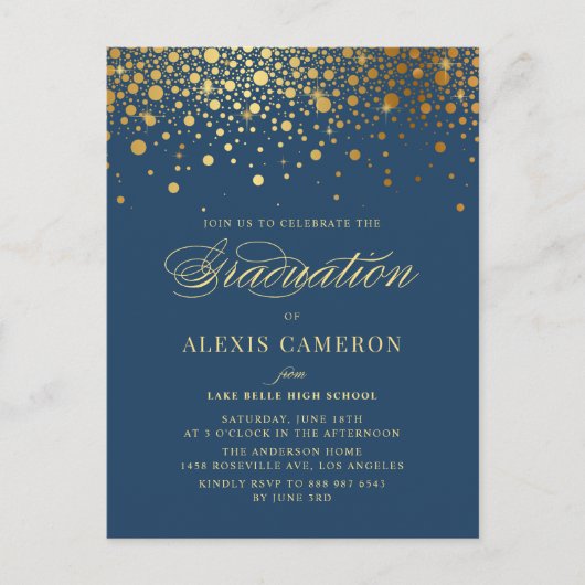Elegant Faux Gold Foil Confetti Blauw Afstuderen Uitnodiging Briefkaart (Voorkant)