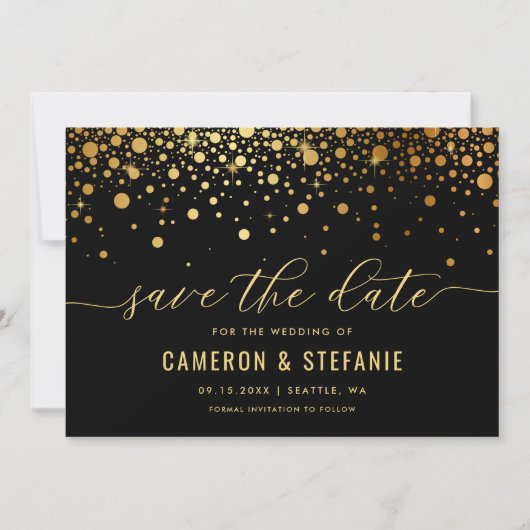 Elegant Faux Gold Foil Confetti Modern Black Save The Date (Voorkant)