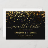 Elegant Faux Gold Foil Confetti Modern Black Save The Date (Voorkant / Achterkant)