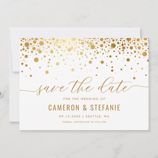 Elegant Faux Gold Foil Confetti Modern White Save The Date (Voorkant)