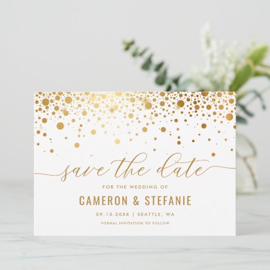 Elegant Faux Gold Foil Confetti Modern White Save The Date (Staand voorkant)
