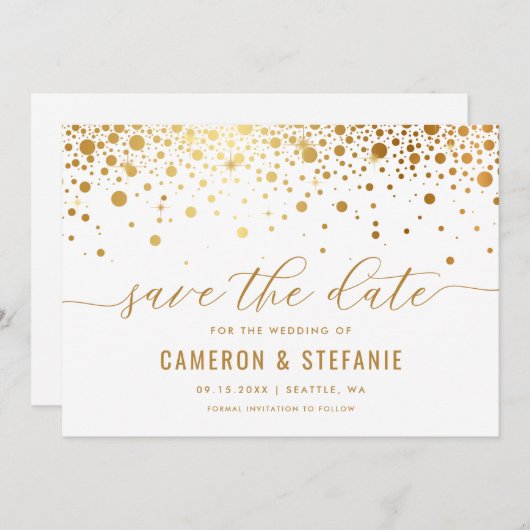 Elegant Faux Gold Foil Confetti Modern White Save The Date (Voorkant / Achterkant)