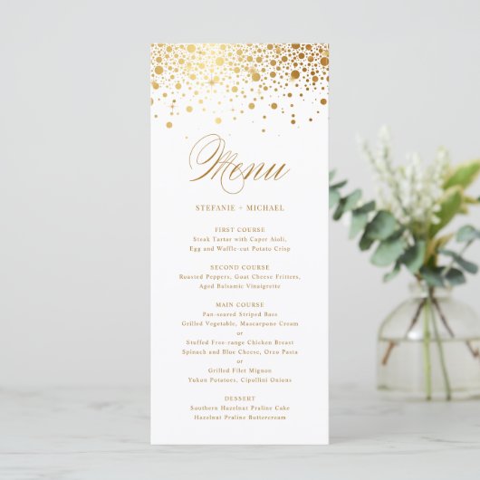 Elegant Faux Gold Foil Confetti Wedding Menu (Staand voorkant)