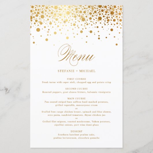 Elegant Faux Gold Foil Confetti Wedding Menu Kaart (Voorkant)