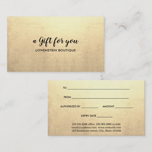 Elegant Faux Gold Foil Gift Certificate Kortingskaartje (Voorkant / Achterkant)