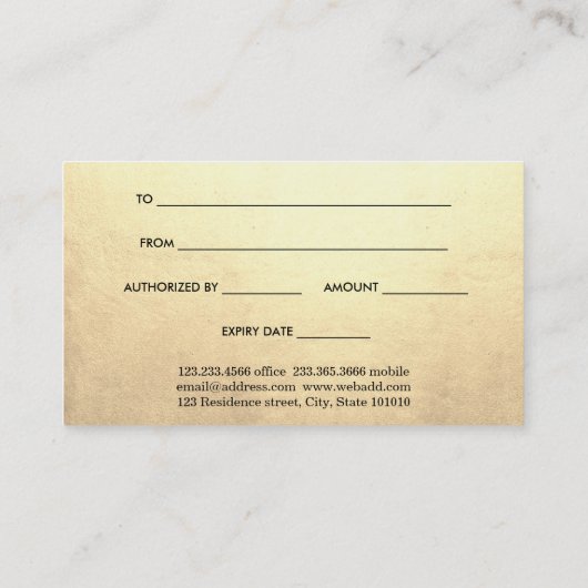 Elegant Faux Gold Foil Gift Certificate Kortingskaartje (Achterkant)