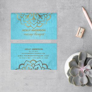Elegant Faux Gold Foil Mandala w/ Texture & Aqua Visitekaartje