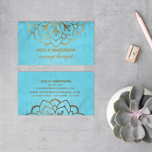 Elegant Faux Gold Foil Mandala w/ Texture & Aqua Visitekaartje