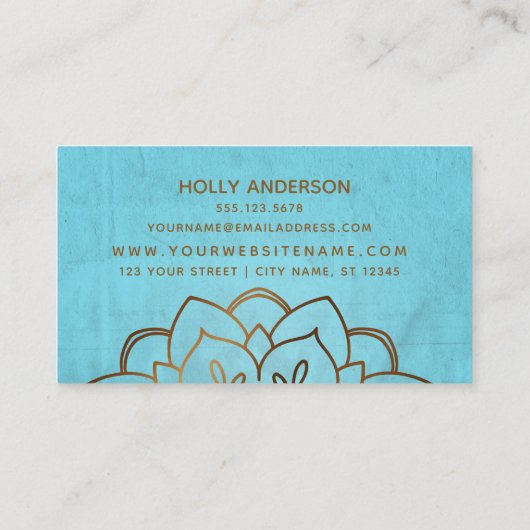 Elegant Faux Gold Foil Mandala w/ Texture & Aqua Visitekaartje (Achterkant)