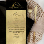 Elegant Faux Gold Foil Monogrammed Wedding Menu<br><div class="desc">Elegant Black and faux Gold folie bruiloft receptie Menukaart met voortreffelijke hand getekend monogram in faux gold folie. Ontwerp met een zwarte bovenrand waarop het monogram in gouden nep-folie wordt getoond. Onderste gedeelte in een prachtige, faux gouden folie achtergronddruk en tekst in zwart. Moderne handgeschreven kalligrafie. Een onderdeel van ons...</div>